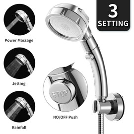 Marbrasse 3-Settings Handheld High Pressure Showerhead with ON/Off Full Shutoff Push Button,Water-saving Camping Shower with Adjustable Angle(Vacuum Suction Shower Head Holder+5 Feet Shower Hose)