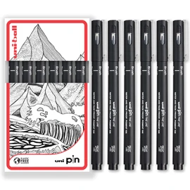 uni-ball PIN Fineliners | Black Fine Tipped Writing Pens | Water & Fade Resistant Ink | Ideal for Sketching, Scrapbooking, Outlining, Art, Technical Drawing | In Gift Box (Pack of 6, Brush)