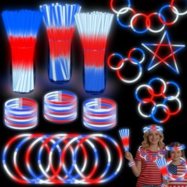 200 Pcs Glow Sticks 4th of July Party Favors with Connectors, 3 in 1 Neon Party Glow Bracelets and Necklaces Red White Blue Glow Stick for Kids & Adults Party Supplies, 250th Anniversary Party Decor