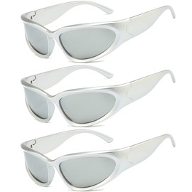 Long Keeper 3 Pairs of Futuristic Vintage Sunglasses for Men Women Y2k Retro Sunglasses Wrap Around UV400 Cycling Glasses Cycling Glasses Sports Glasses, Silver/Silver X3