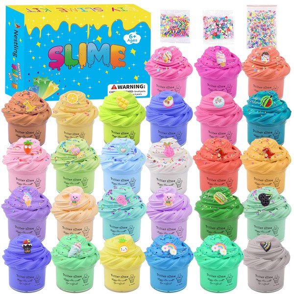 Fluffy Butter Slime Kit 27 Pack,Include 27 Pack Cute Mini Charms,Stress Relief Toy for Girls and Boys,DIY Slime Kit Super Soft and Non-Sticky for Birthdays,Festivals and Party Gift