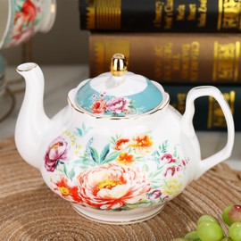 fanquare 15 Piece Colorful Flowers Porcelain Tea Set, Ceramic Tea Cup and Saucer Set for 6, Vintage Teapot Set for Women Party
