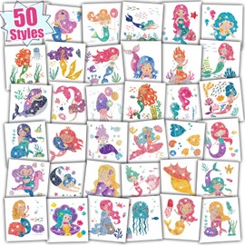 Partywind Mermaid Tattoos for Girls, 50 PCS Glitter Tattoo Stickers for Kids Mermaid Birthday Party Decorations, Party Supplies for Girls Mermaid Games Goodie Bag Stuffers