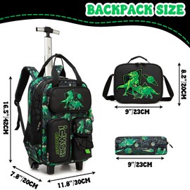 MYHSBYO Kids Rolling Backpack with Wheels for Elementary Preschool Students 16inch Boys Travel Luggage Carry on Backpack for Boys Ages 6-8 Dinosaur