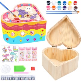 Mini Treasure Chest Wooden Tins Pack of 2 Treasure Chest Wooden Children to Paint with Mosaic Stickers, Heart Shape Jewellery Box Girls for Crafts for 6 7 8 9 10 Years Children Girls Birthday Gift