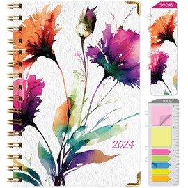 HARDCOVER 2024 Planner: (November 2023 Through December 2024) 5.5"x8" Daily Weekly Monthly Planner Yearly Agenda. Bookmark, Pocket Folder and Sticky Note Set (Rainbow Floral)
