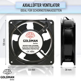 GOLDMAN SERVICE Axial fan for high temperatures with protective grille and filter for fireplace inserts, quiet with powerful metal blades, dimensions: 120 x 120 x 38 mm (23 W)