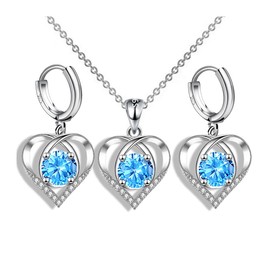 FDEETY Heart Jewellery Set for Women Heart Pendant Necklace Earrings Set Wedding Engagement Birthday Gifts (Blue)