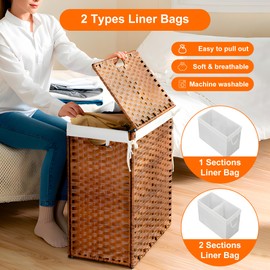 HYCHIKA Laundry Hamper with Lid, 26.4 Gallon (100 L) Wicker Laundry Basket with Removable Bags, 2 Sections Woven Clothes Basket for Bedroom, Bathroom (18.3" * 13.5" * 24")