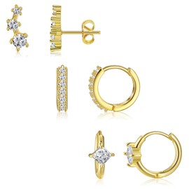 FANCH 3 Pairs Hypoallergenic Earrings Set for Multiple Piercings 14K Gold-Plated Stud Earrings Hoop Earrings for Women Trendy Cute Hypoallergenic Earring for Sensitive Ears Cartilage Earrings