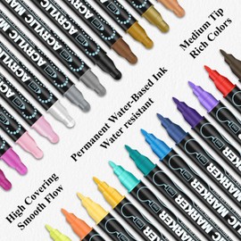Acrylic Paint Markers, 24 Colors Acrylic Markers Set, Dual Tip Fine & Dot Point Acrylic Paint Pens for Rocks, Wood, Canvas, Stone, Glass, Ceramic, Fabric, Crafts, Rock Painting, Drawing & Art Supplies