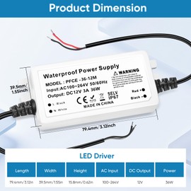 MujHoJm LED Driver 36 Watts 3A, LED Power Supply 12V, 120V to 12V Transformer Waterproof IP67 for Indoor and Outdoor LED Lighting