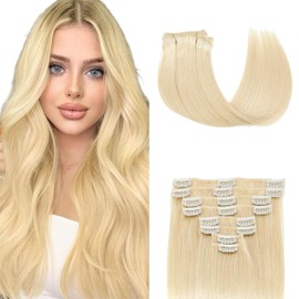 Doupor Clip in Hair Extensions Real Human Hair,Highlight Bleach Blonde Remy Human Hair Seamless Clip in Hair Extensions Soft Natural Clip ins for women,8pcs 100g 16inch