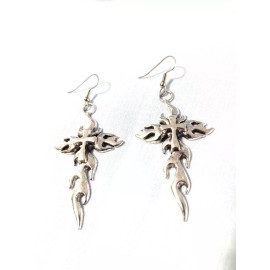 Unbranded FLAME CROSS FIRE CROSS DANGLING SILVER ALLOY & STEEL 2 1/2" PENDANT EARRINGS