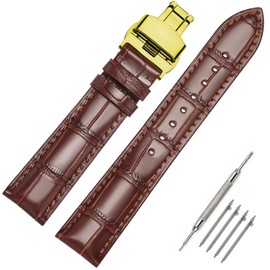 Moran Quick Release Leather Watch Bands Deployment Butterfly Buckle Calfskin Replacement Watch Strap for Men & Women, Brown-Gold buckle, 20mm