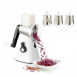 VINATO Affettatrice Verdure Multifunzione con Maniglia Girevole, 3 Lame Inox 430 Intercambiabili (Grattugiare/Affettare/Tritare), Base a Ventosa - BPA Free, ABS Alimentare