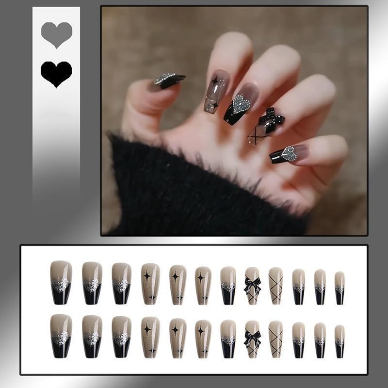 Nail Tip, False Nails, Stylish, Black, 24 Pieces, Long Nail