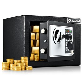 ADIMO Small Safe, 0.23Cubic Safe for College Dorm Room for Cash or Document, Money Box with Keys & Passcode and Wall Kits, Black Hidden Lock Box for Hotel Home Office Business