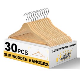 Quality Hangers Premium Slim Wooden Hangers 30 Pack - Thin Space Saving Hangers with 360 Degree Swivel Hook & Shoulder Groves Types of Clothing – Natural (30, Natural)
