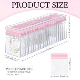 Kenning 42 Pcs Acrylic Jewelry Case Organizer, Clear Jewelry Organizers Holder with Portable Anti Tarnish Storage Bags for Rings, Earrings, Necklaces, Ideal Gifts for Women (Pink)