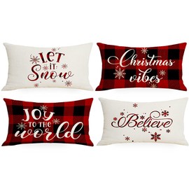 Artmag 12x20 Christmas Pillow Covers, Decorative Farmhouse Christmas Vibes Believe Buffalo Plaid Christmas Outdoor Pillow Shams Cases Slipcovers Set of 4 for Couch Sofa