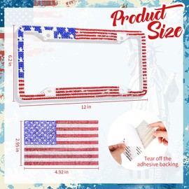 Frienda 2 Pack American Flag License Plate Frames Holders Bling Rhinestones Stainless Steel Patriotic Us Flag Sparkling Diamond License Plate Frames Covers with Screws Fasteners Caps for Car