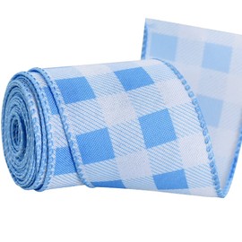 TONIFUL 2.5 Inch Wired Ribbon, Baby Blue and White Plaid Check Burlap Ribbon, Summer Spring Wired Ribbon, for Gift Wrapping, Wreath Bows Making, Crafts Home Decoration, Easter Decor（Baby Blue，6yds）