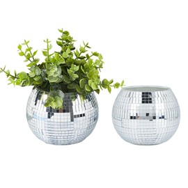 DICOSMETIC 2Pcs Disco Ball Vase Round Disco Ball Planter Disco-Ball Decor Flower Vase with Silver Mirror Disco Ball Centerpieces for Wedding Office Bedroom Decor, 11.8x9.5cm