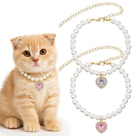 ElevateTech 2 Pcs Cat Dog Pearl Collar, Small Heart Shape Pet Pearl Necklace Collars Adjustable Pet Jewelry Accessories Birthday Wedding Party Collar for Puppy Kitten Dress