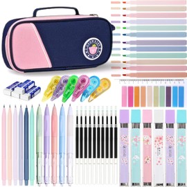 46 Pcs Large Capacity Pencil Pouch with Aesthetic School Supplies, 12 Pastel Highlighters, 5 Black Ink Gel Pens, 6 Mechanical Pencils Set 0.5 & 0.7mm, Sticky Notes, Stationary Set for Student (Pink)
