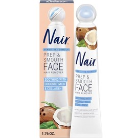 Nair Prep and Smooth Face, depilacin facial para mujer, crema depilatoria sin contacto, con leche de coco sensible y colgeno para el cuidado de la... 