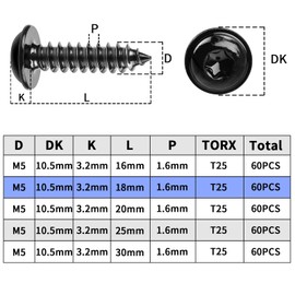 Pack of 60 Black M5 x 18 mm Wood Screws Tapping Screws Black Galvanised Pan Head Screws Flat Head Self Tapping with Washer for Acoustic Panels 304 Stainless Steel Torx Flat Head Screws