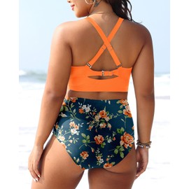 Daci Women Orange and Flower Plus Size Two Piece Bikini Swimsuit High Waisted Tummy Control Bottom Bandeau Lace Up Bathing Suit 16W