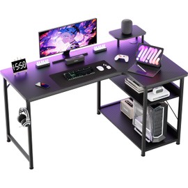COMHOMA Gaming Desk L Shaped Desk Carbon Fiber Style Computer Desk Compatible with Monitor Arm Storage Shelves Corner Gaming Desk for Home Office Desks Easy to Assemble Adjustable Shelf Height(43.31")