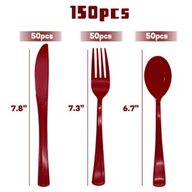150 Pack Burgundy Plastic Cutlery, Maroon Plastic Silverware Heavy Duty, Burgund Silverware Set Disposable, 50 Plastic Forks 50 Plastic Spoons 50 Plastic Knives for Christmas Birthday Parties