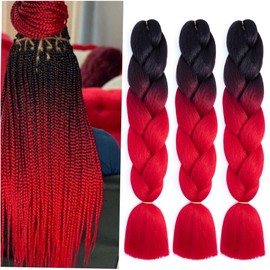 Ombre Black to Red Braiding Hair Extensions for Women 3 Packs 100g/Pack 24Inch High Temperature Ombre Jumbo Synthetic Braiding Hair for Twist Crochet Braids (B1)
