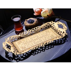 Turkish Tea Coffee Serving Tray with Handles Ottoman Decorative (Gold)