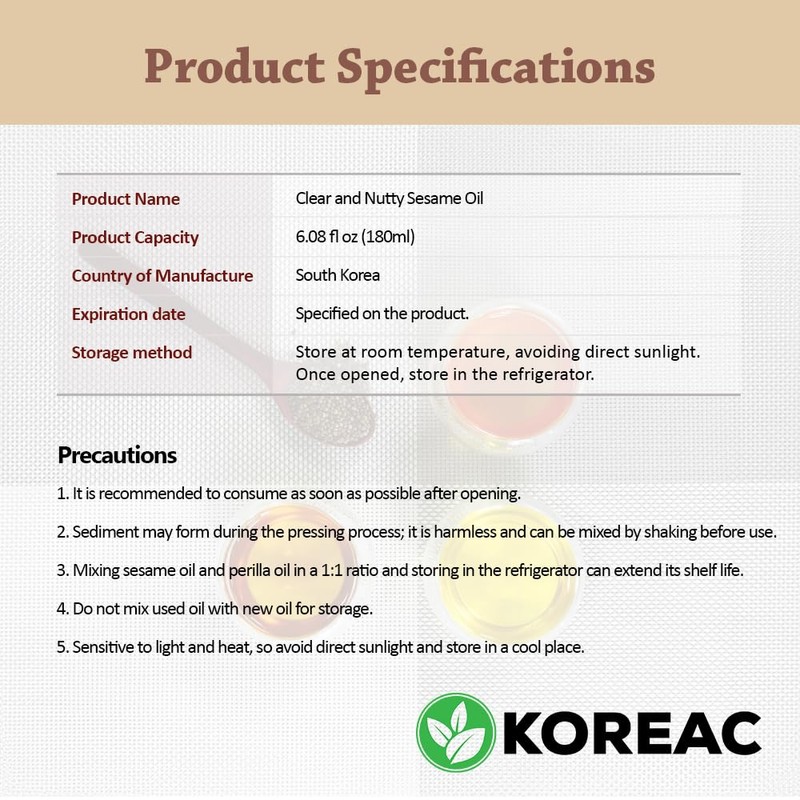KOREAC_ 한국 참기름 Korean Mildly Roasted Pure Sesame Oil 180ml