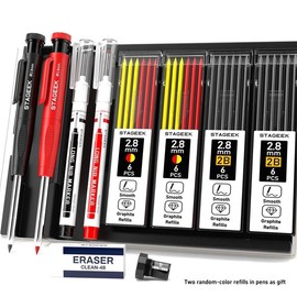 STAGEEK Mechanical Carpenter Pencil Set with Case, 1 Set Including Mechanical Carpenter Pencil & Marker Pen & Refills, Architect Marking Stationery Supplies - Color: Multicolor, Specification: 4 Pens & 24 Refills & 1 Rraser & 1 Sharpener
