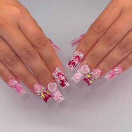 Pink Press on Nail Medium Square Fake Nails with 3D Bow Pearl Heart Cherry Design Stick on Nails Pink French Tip False Nails Reusable Full Cover Acrylic Glue on Nail for Women Manicure 24Pcs