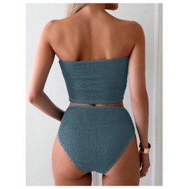 OYOANGLE Women's 2 Piece Strapless Swimsuit High Waisted Smocked Bandeau Bathing Suit Teal Blue Small