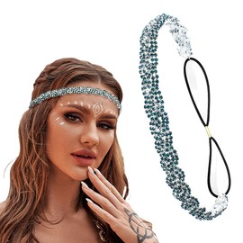Women's Rhinestone Headbands Sparkly Elestic Hairband Vintage Metal Headbands Sparkly Elegant Party Daily Head Chain (Green, M)