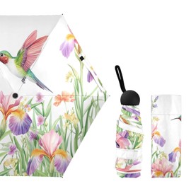 JHKKU Hummingbird Flowers Watercolor Mini Travel Umbrella, Small Compact Portable Umbrella for Sun and Rain, Windproof Parasol with 95% UV Protection for Kids Women