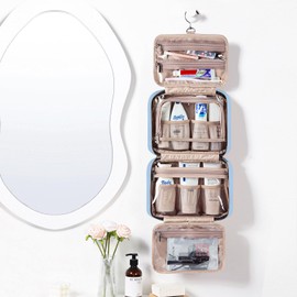 NISHEL Travel Toiletry Bag for women, Portable Hanging Organizer for Full-Sized Shampoo, Conditioner, Brushes Set, Makeup Accessories, Large Size, Placid-Blue