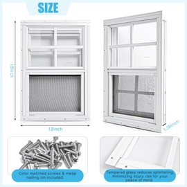 2Pack White Flush Mount Shed Window with Tempered Glass and Screen Household Windows Sliding Windows with Vertical Slider and Screws for Shed, Chicken Coop, Playhouse, Household, Garage (12'' x 18'')