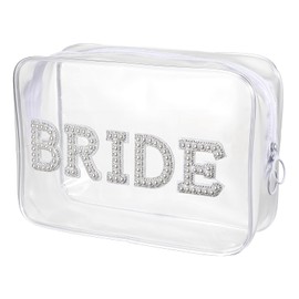 Aeaocvo Clear Bride Makeup Bag for Women Bridesmaid Engagement Gift, Pearl Rhinestone Letter Patch Bride Pouch Gifts for Bachelorette Party Wedding Bridal Shower
