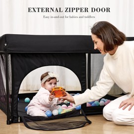 ANGELBLISS 50x50 Foldable Baby Playpen with Carrying Bag & Safety Lock - ASTM F406 Certified Baby Fence for Indoor/Outdoor, Lightweight Portable Play Yard with Breathable Mesh (Black)