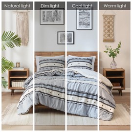 Hyde Lane Boho Blue King Comforter Set ，Modern Farmhouse Tufted Bedding Sets, Cotton Top with Neutral Rustic Style Clipped Jacquard Stripes, 3-Pieces Including Matching Pillow Shams (104x90 Inches)