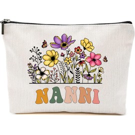 Nanni Wildflowers Gifts For Mother's Day Makeup Bags - Nanni Flower Gift Bags - Mom Birthday Gifts - Travel Cosmetic Bag For Birthday, White, 7”x9.8”
