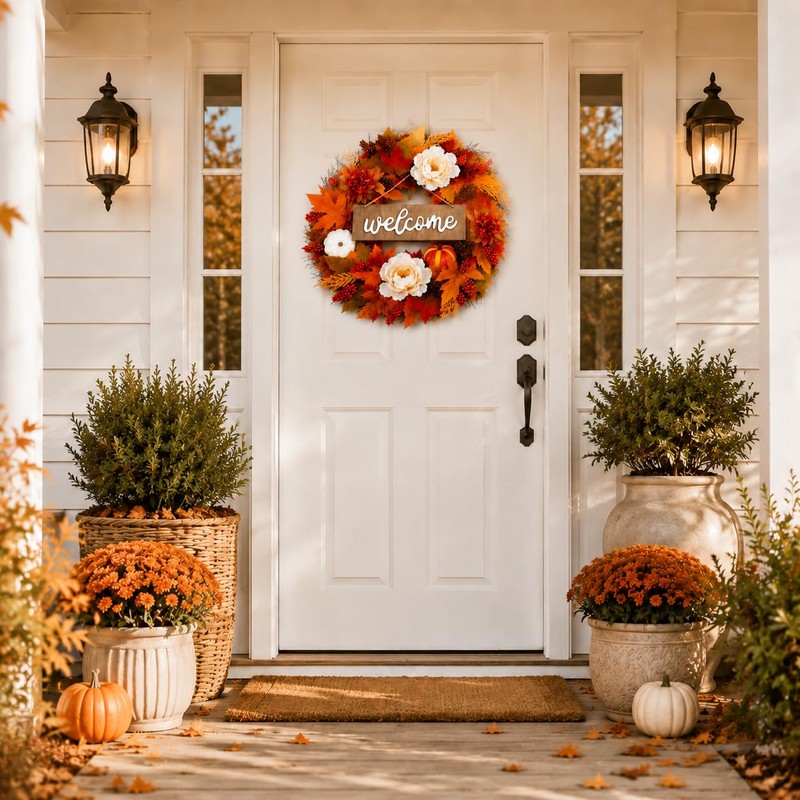 Fall Wreath for Front Door, 24 Inch Artificial Autumn Door